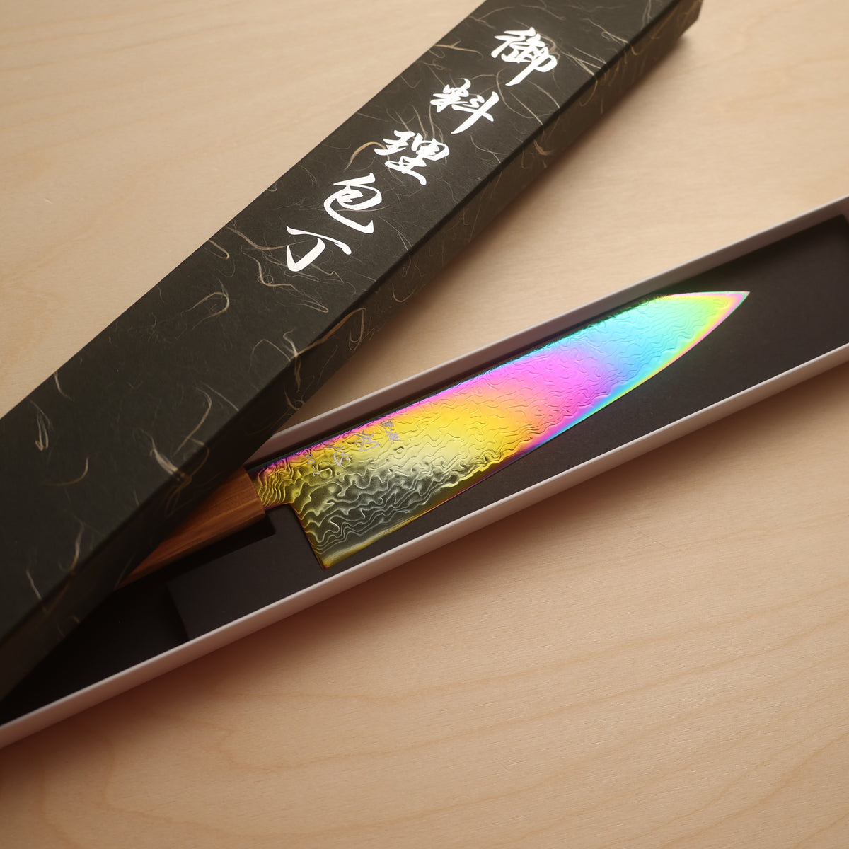 Hatsukokoro Ryuhyo SG2 Rainbow Coating Damascus Kiritsuke Gyuto 210mm - Olive Wood Handle