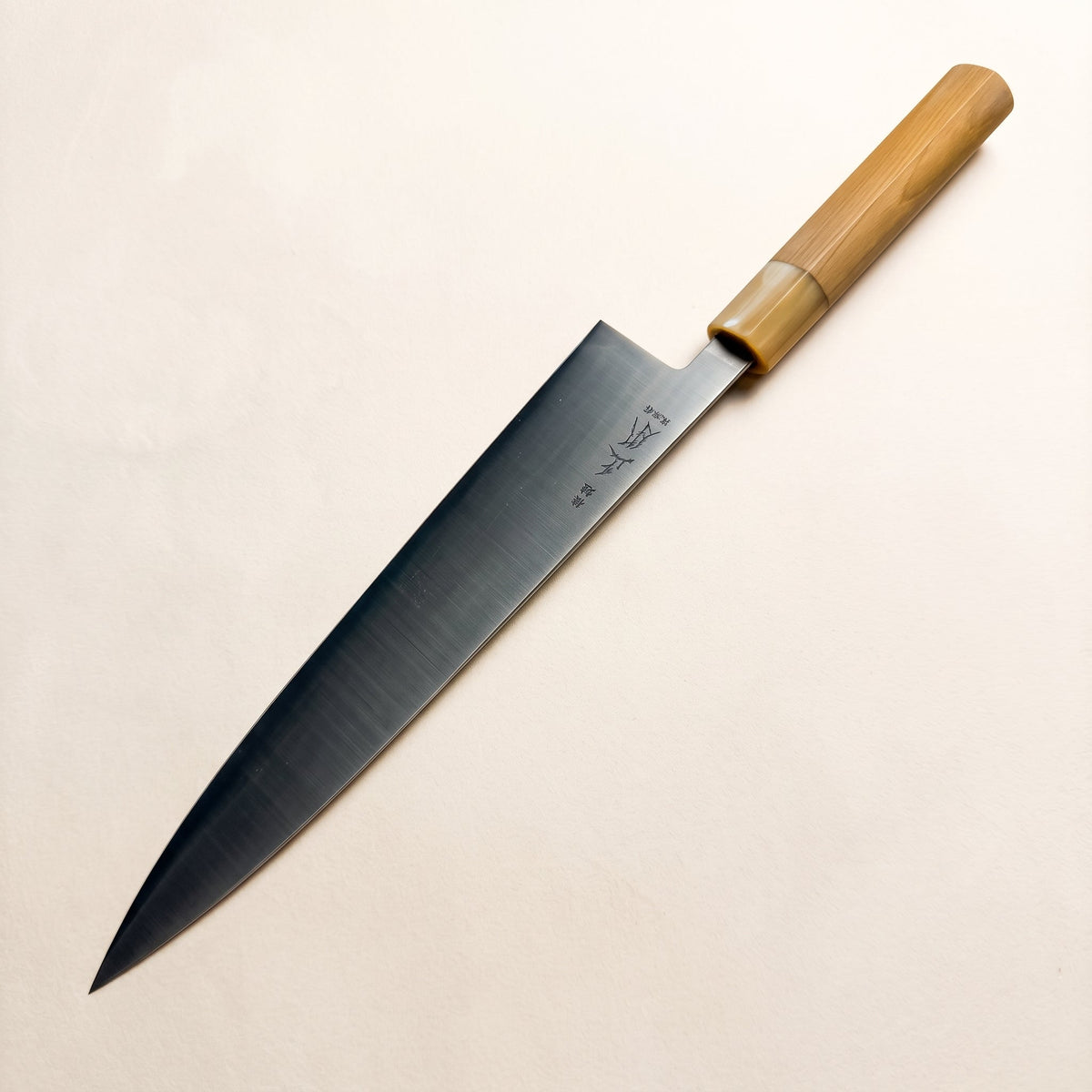 Masamoto KS3124 240mm White Steel Gyuto knife profile view blonde handle