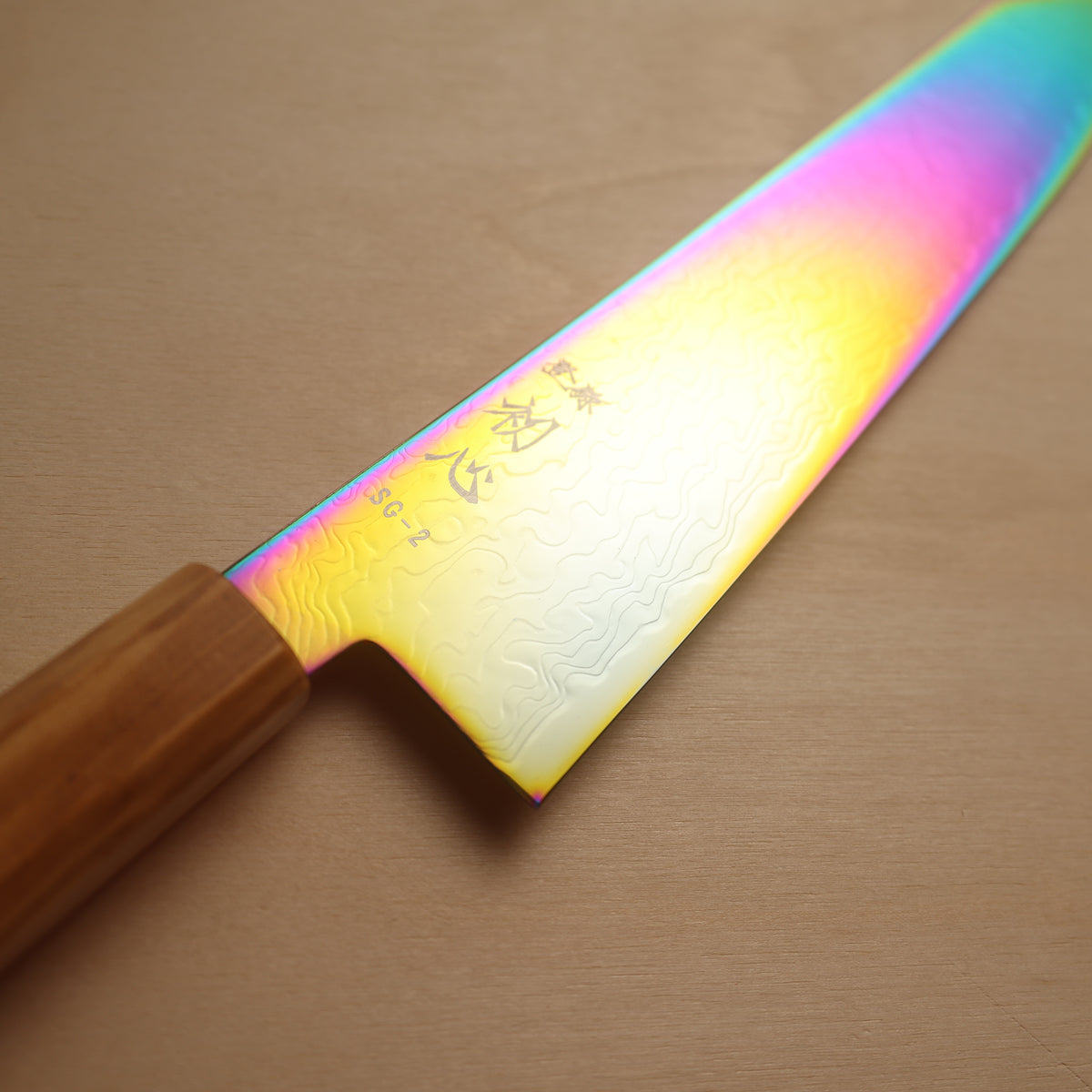 Hatsukokoro Ryuhyo SG2 Rainbow Coating Damascus Kiritsuke Gyuto 210mm - Olive Wood Handle