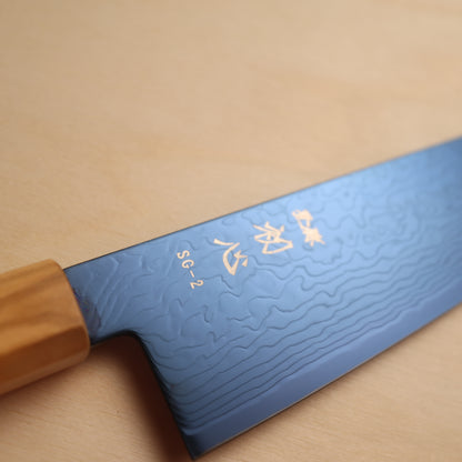 Hatsukokoro SG2 Blue Coating Damascus Bunka 180mm - Olive Wood Handle