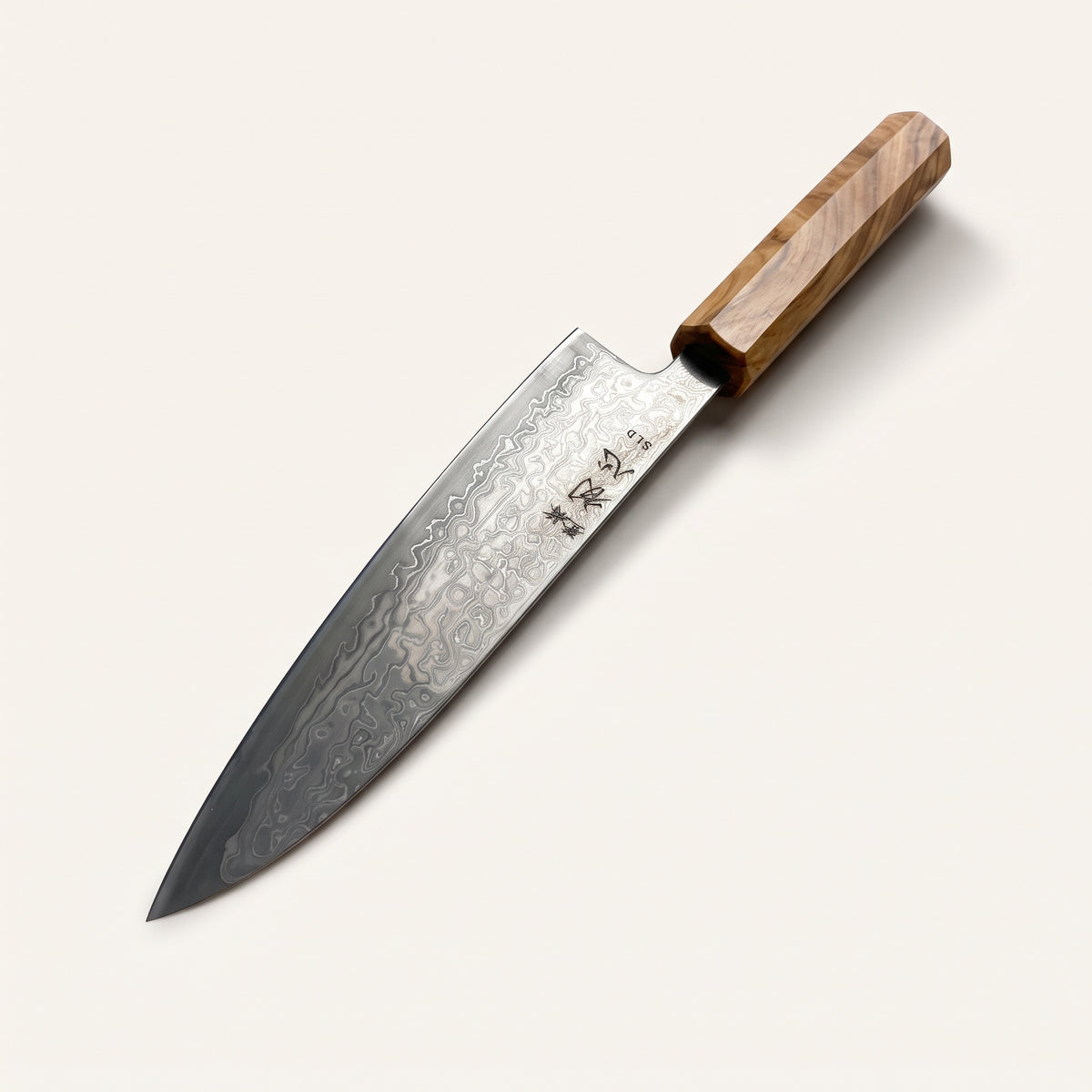 Hatsukokoro Hikari SLD Damascus Kurosome Petty 130mm showing blackened damascus blade and octagonal olive wood handle