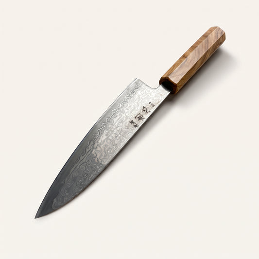Hatsukokoro Hikari SLD Damascus Kurosome Petty 130mm showing blackened damascus blade and octagonal olive wood handle