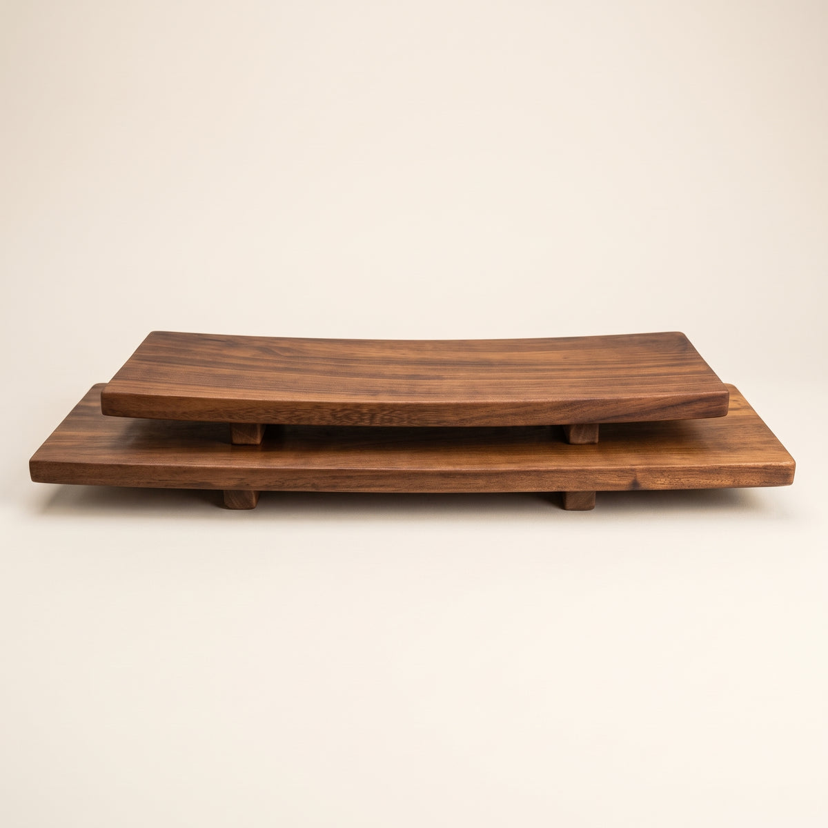 Minimalist dark walnut sushi platter on a modern dining tabletop for Japanese food presentation