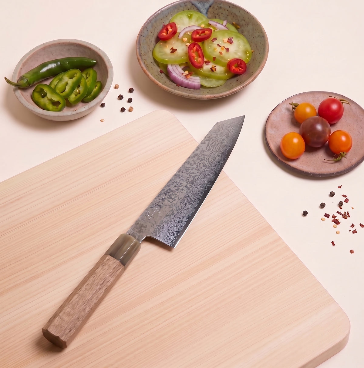Tojiro Atelier 210mm Kiritsuke alongside Japanese wood serving trays prepping food