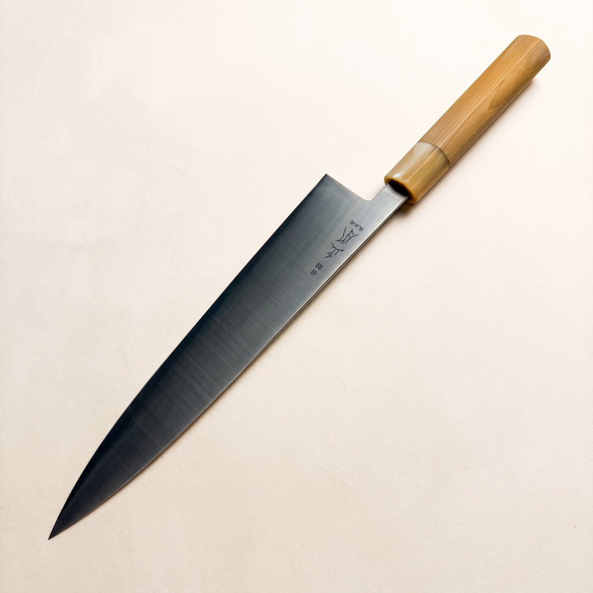 Masamoto KS3124 240mm White Steel Gyuto knife profile view blonde handle