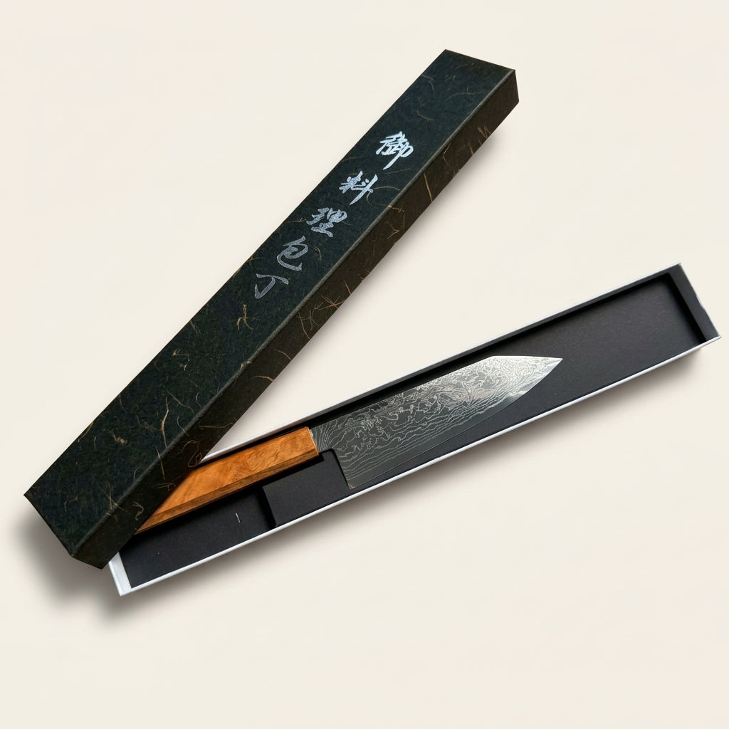 Hatsukokoro Ryuhyo 180mm Bunka in black original box gyuto.com gallery photo