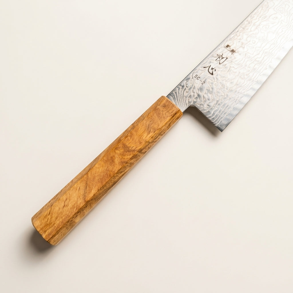 Octagonal Mediterranean olive wood wa-handle with rich golden grain figure on Hatsukokoro 180mm knife