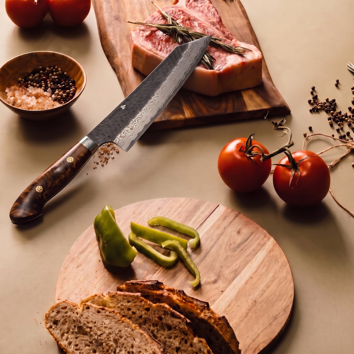 Nigara 210mm Kiritsuke Gyuto slicing fresh vegetables on a minimalist dark walnut cutting tray and steak on cutting board