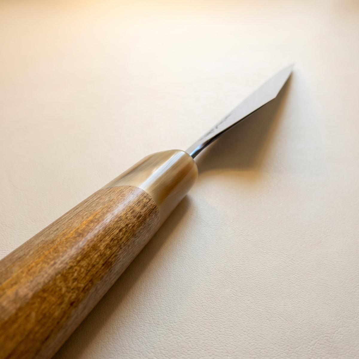 Choil shot showing laser thin edge geometry of Masamoto KS3124 Gyuto blonde