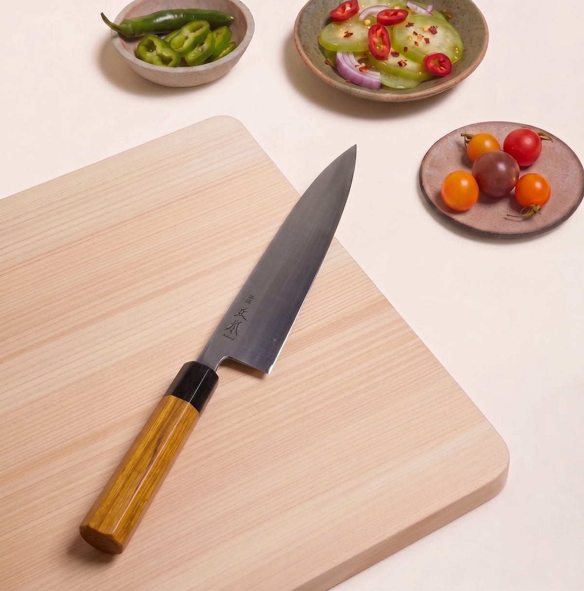 Masamoto KS3124 240mm White Steel Gyuto knife with cutting board view