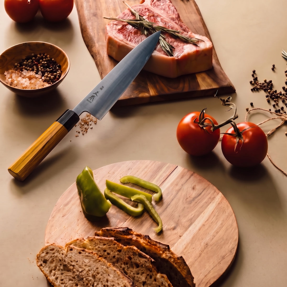 Masamoto KS3124 240mm White Steel Gyuto knife on cutting board view