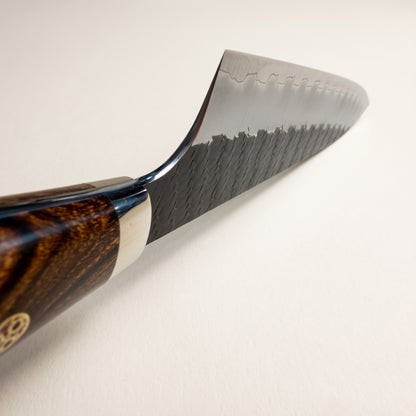 Choil view displaying ultra-thin blade geometry behind the edge and 50-50 double bevel polish on Nigara 210mm Gyuto