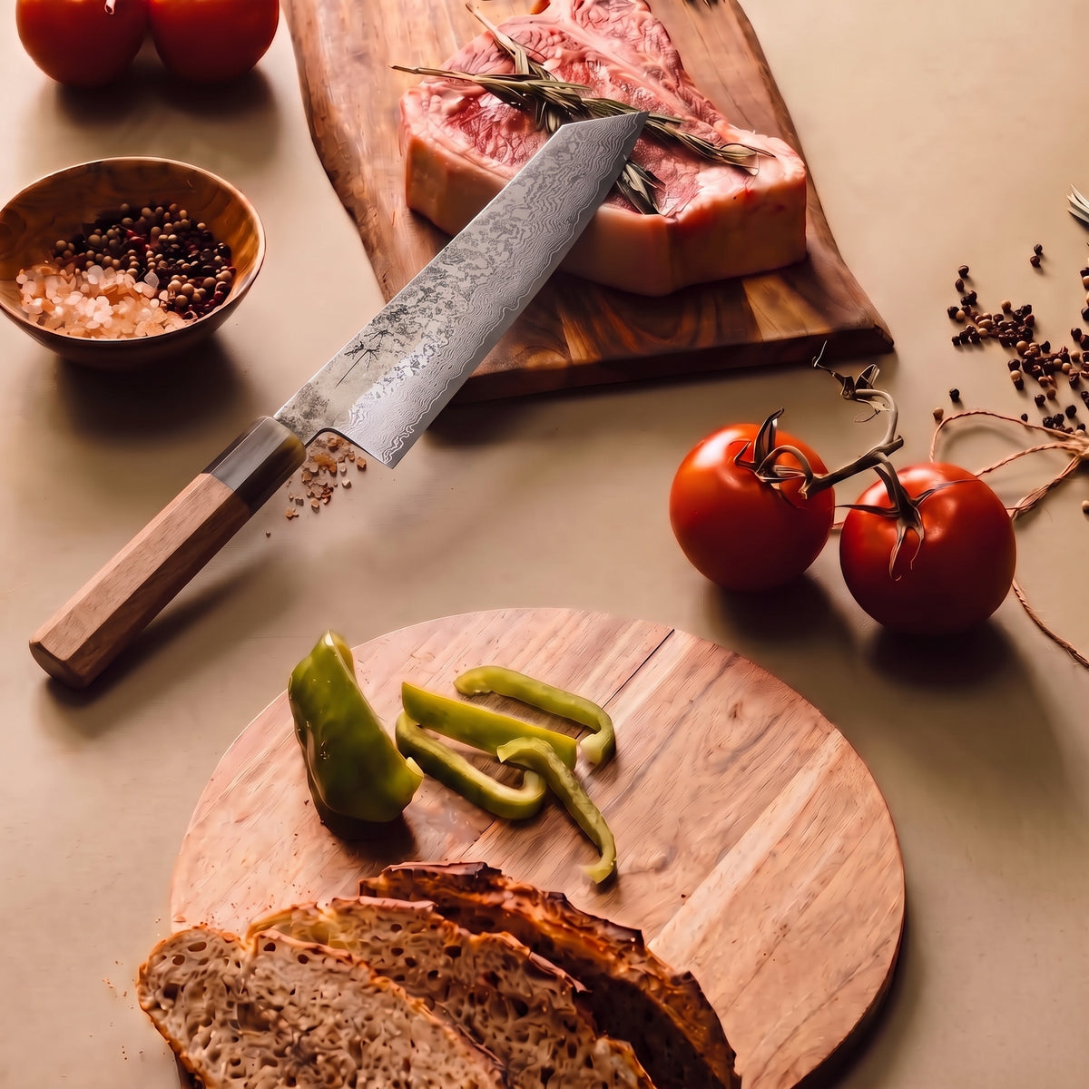 A kitchen scene with a large chef's knife resting on a wooden cutting board next to raw meat, tomatoes, sliced bread on another board, and peppercorns. The knife has a patterned steel blade and a light wood handle.